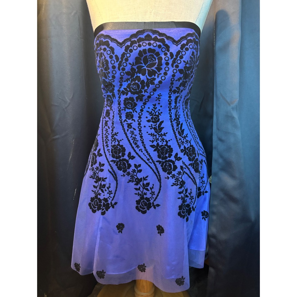 Morgan and Co Purple Black Flocked Velvet Floral Strapless Corset Mini Dress